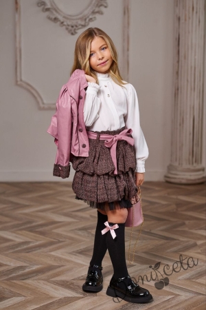 Комплект от 4 части Оле за момиче в розово. блуза в бяло с дълъг ръкав, пола и яке  1