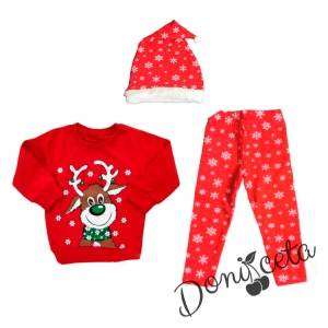 Коледен детски комплект в червено, от блуза, клин и шапка на снежинки