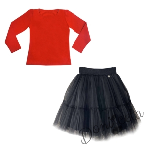 Комплект от пола в черно Контраст и блуза в червено с дълъг ръкав 1