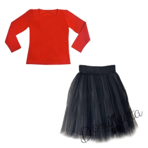 Комплект от пола в черно Касиди и блуза в червено с дълъг ръкав 1