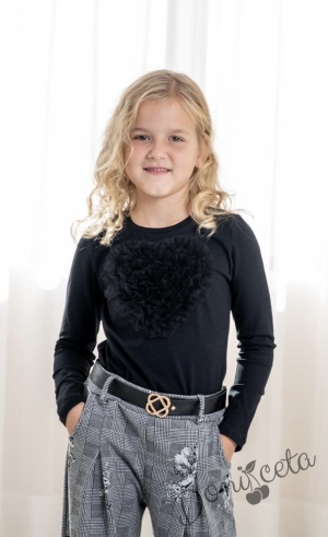 Детска блуза за момиче с дълъг ръкав в черно със сърце от тюл Contrast