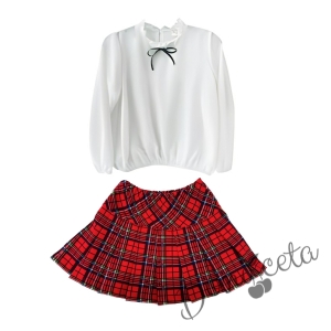 Детски комплект за момиче от пола каре и блуза в бяло Contarst