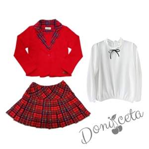 Детски комплект за момиче от пола и сако каре в червено и риза в бяло с дълъг ръкав Contrast 1