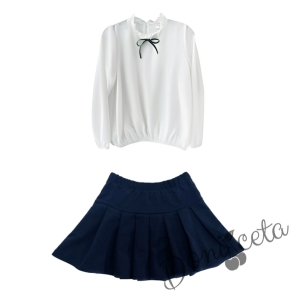 Детски комплект за момиче от пола в тъмносиньо Гери и риза в бяло с дълъг ръкав Contrast 1