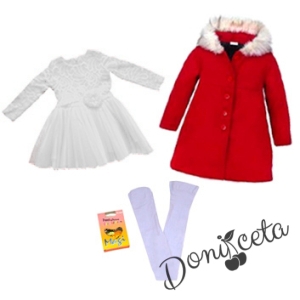 Комплект от 3 части рокля с дантела в бяло и палто в червено и чорапогащник  1