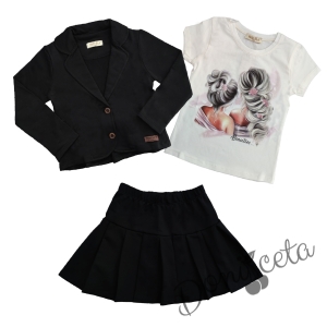 Комплект от пола и сако в черно Мари и тениска в екрю момиче 1