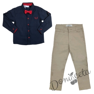 Комплект за момче панталон в бежово и риза в тъмносиньо