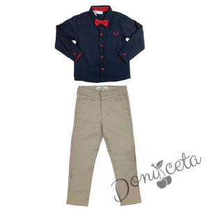 Комплект за момче панталон в бежово и риза в тъмносиньо 2