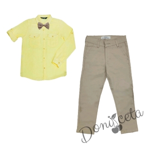 Комплект за момче панталон и папийонка в бежово и риза в жълто
