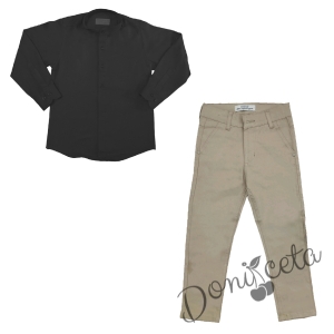 Комплект за момче панталон в бежово и риза в черно без яка