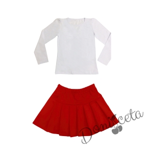 Комплект от пола Гери в червено и блуза в бяло с дълъг ръкав 1