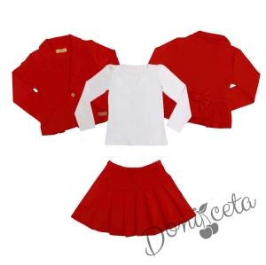 Комплект от пола Гери и сако в червено и блуза в бяло с дълъг ръкав
