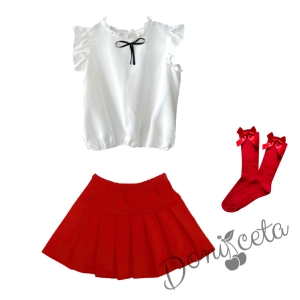 Комплект от пола Гери в червено, риза с къс ръкав в бяло Contrast и чорапи с панделка