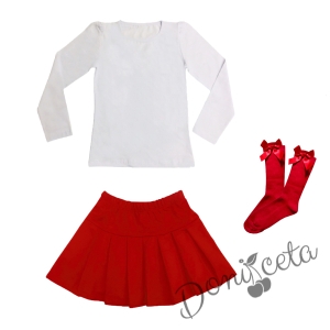 Комплект от пола Гери в червено, блуза в бяло с дълъг ръкав и чорапи с панделка