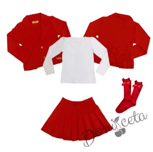 Комплект от пола Гери и сако в червено,  блуза в бяло с дълъг ръкав и чорапи с панделка