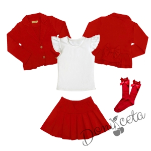 Комплект от пола Гери и сако в червено, тениска в бяло с къс ръкав ичорпи с панделка