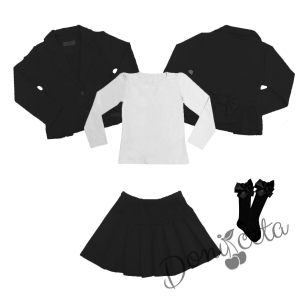 Комплект от пола Гери и сако в черно и блуза в бяло с дълъг ръкав и чорапи с панделка