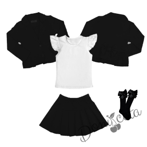 Комплект от пола Гери и сако в черно и тениска в бяло с къс ръкав и чорапи с панделка