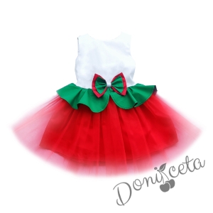 Детска рокля в бяло, зелено и червено с тюл и къдрички