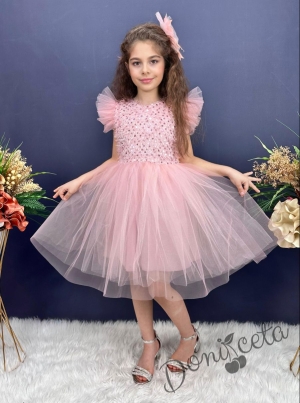 Официална детска рокля с къс ръкав Набел в розово с пайети и панделка за коса