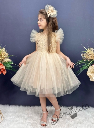 Официална детска рокля с къс ръкав Набел в златисто с пайети и панделка за коса 1