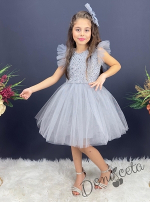 Официална детска рокля с къс ръкав Набел в светлосиньо с пайети и панделка за коса 1
