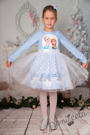 Официална детска рокля  с тюл в светлоосиньо с Анна и Елза от Замръзналото кралство с дълъг ръкав