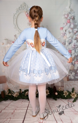 Официална детска рокля  с тюл в светлоосиньо с Анна и Елза от Замръзналото кралство с дълъг ръкав 2