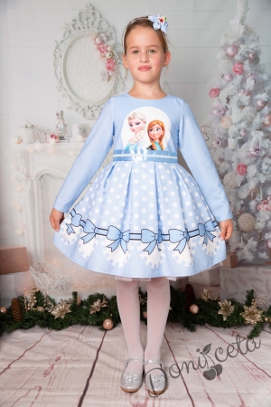 Официална детска рокля  с тюл в светлоосиньо с дълъг ръкав с Анна и Елза от Замръзналото кралство 