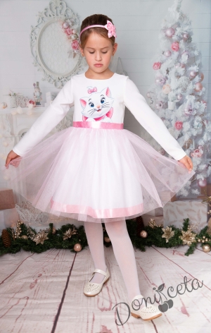 Официална детска рокля с къс ръкав в бяло с коте и тюл в розово с дълъг ръкав