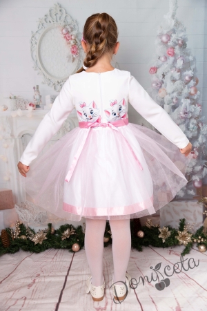 Официална детска рокля с къс ръкав в бяло с коте и тюл в розово с дълъг ръкав 2