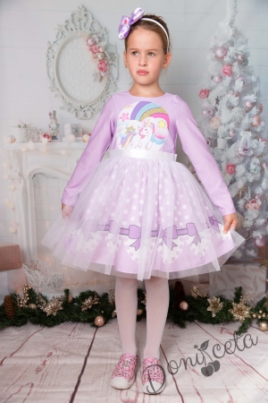 Официална детска рокля с Еднорог в лилаво с тюл с дълъг ръкав