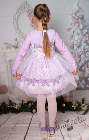 Официална детска рокля с Еднорог в лилаво с тюл с дълъг ръкав 2