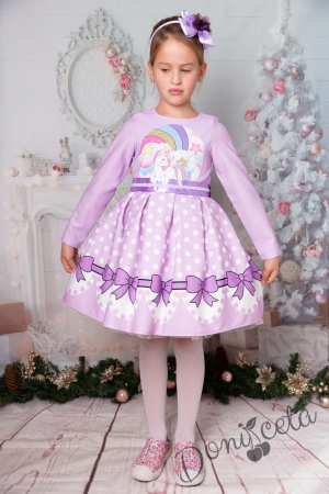 Официална детска рокля с дълъг ръкав с Еднорог в лилаво с тюл 