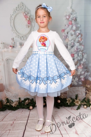 Официална детска рокля с дълъг ръкав в светлосиньо и бяло със Скай 
