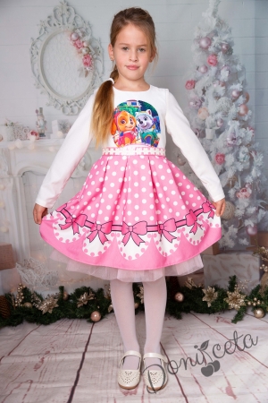 Официална детска рокля с дълъг ръкав в розово и бяло с Пес Патрул