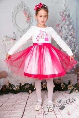 Официална детска рокля в розово с прасето Пепа и тюл с дълъ ръкав