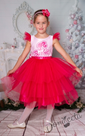 Официална детска рокля с къс ръкав в циклама с Барби