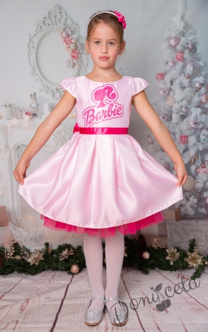 Официална детска рокля с къс ръкав с Барби в розово 