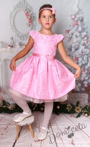 Официална детска рокля с къс ръкав в розово с орнаменти