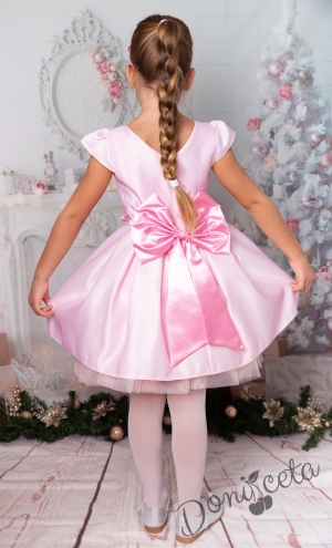 Официална детска рокля с къс ръкав в светло розово с орнаменти 2