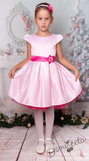 Официална детска рокля с къс ръкав в светло розово и циклама