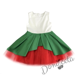 Детска рокля в бяло, зелено и червено с тюл 