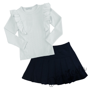 Комплект от пола в тъмнсиньо и блуза в бяло