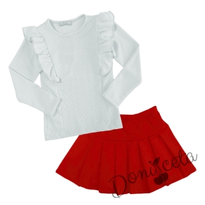 Комплект от пола в червено и блуза в бяло