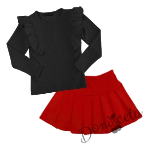 Комплект от пола в червено и блуза в черно