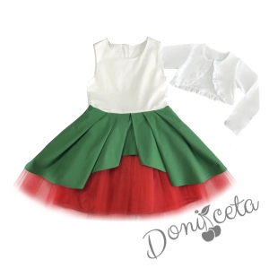 Комплект от детска рокля в бяло, зелено и червено с тюл и болеро в бяло 1
