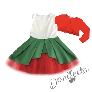 Комплект от детска рокля в бяло, зелено и червено с тюл и болеро в червено 1