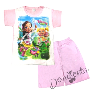 Детска пижама  в бяло за момиче с къс ръкав и къси панталонки в розово