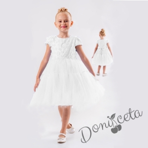 Официална детска рокля в бяло с тюл и 3Д цветя